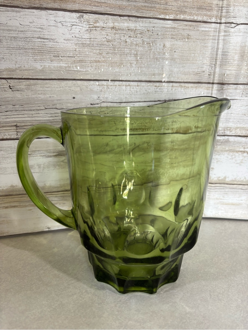 Vintage avocado green glass Hazel Atlas “Reflections” pitcher